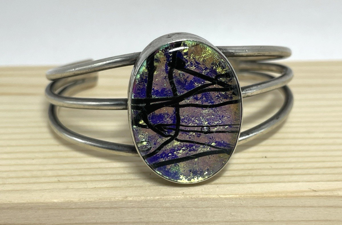 Vtg 925 Sterling Silver Dichroic Glass Purple Yellow Black Cuff Bracelet 36.3g