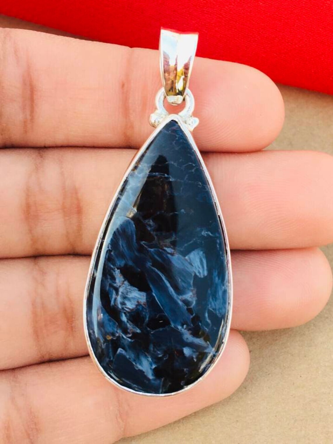 925 Stering Silver Natural Pietersite Pear Gemstone Boho Pendant Large Pendant