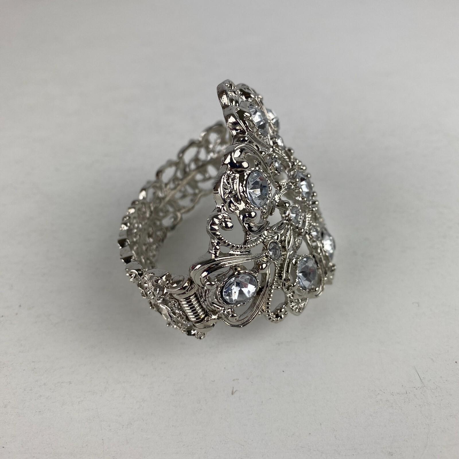 Silver Colored Costume Fashion Jewelry Bracelet Opens Closes At Side Crystals