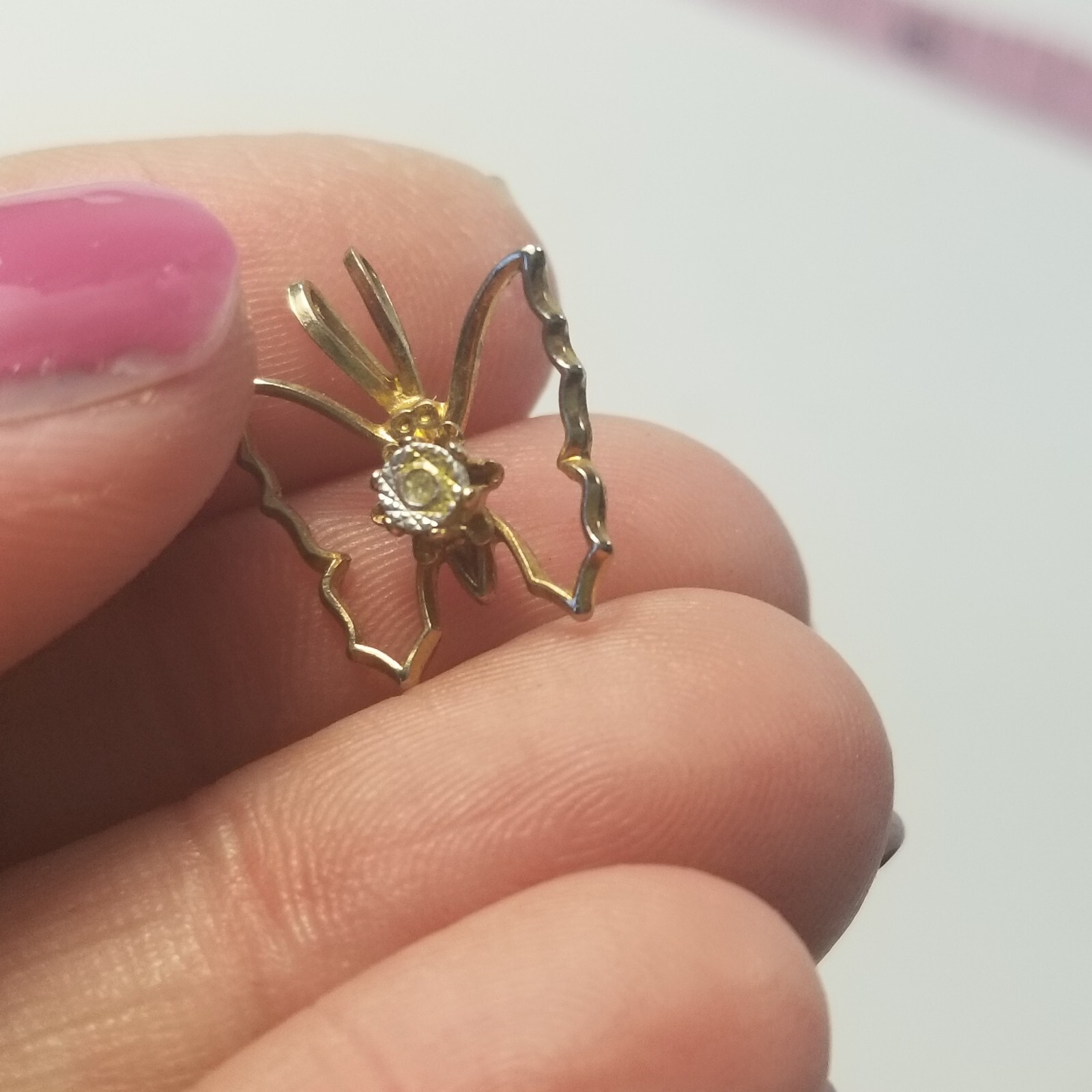 Vintage Pendant Small Mini Petite Rhinestones Butterfly Outline Gold Tone Metal
