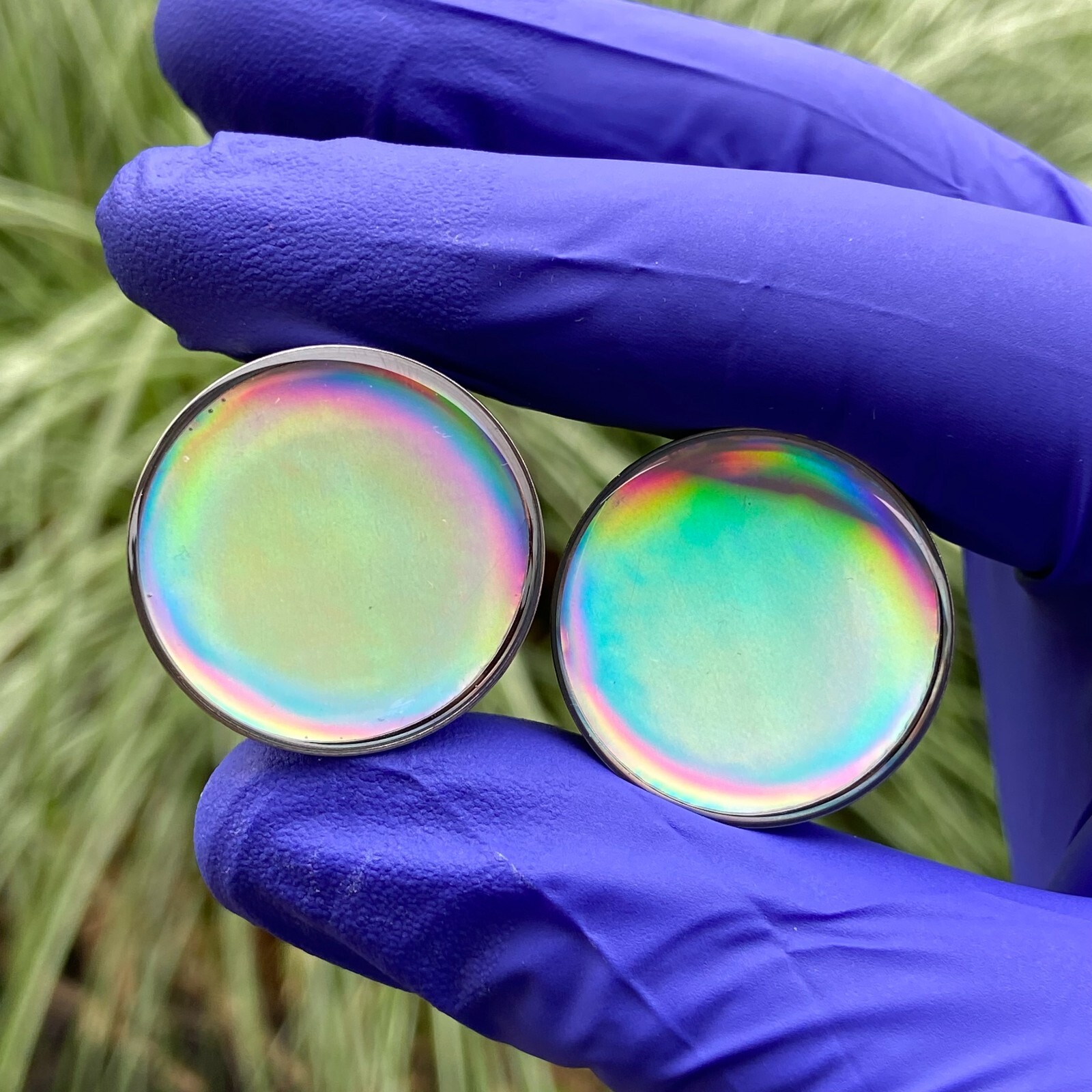Silver Holographic Opal Double Flare Resin Plugs (MTO-078) gauges pair
