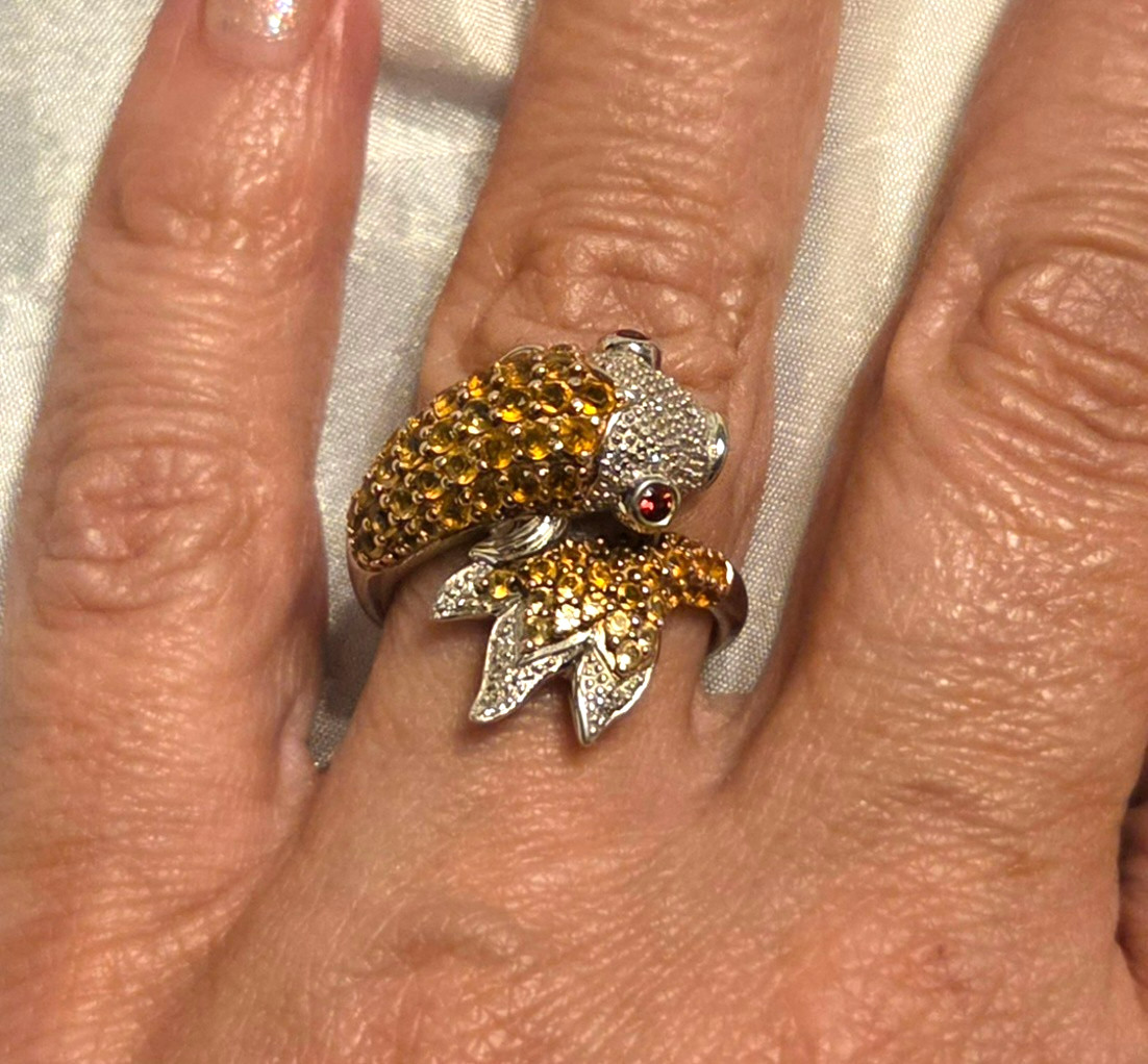 Ross Simons Sterling Silver Citrine Koi Ring with Diamonds & Garnets