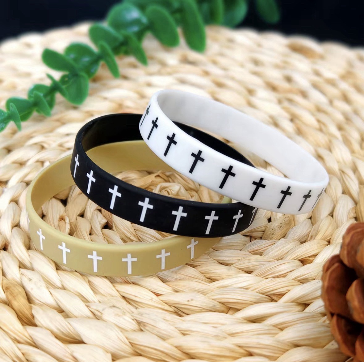 3 PCS Silicone Cross Bracelet Set Black White Olive Christian Wristbands Faith