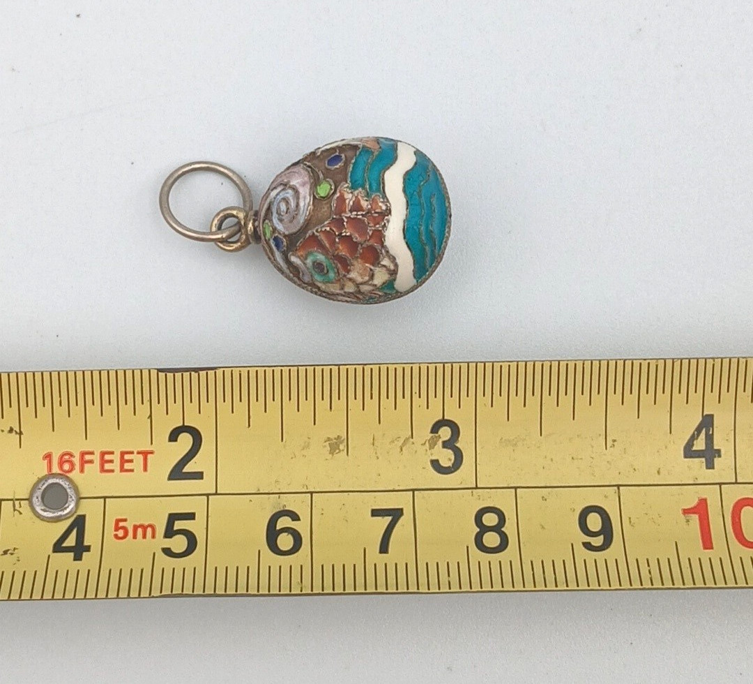 Vintage Cloisonne Chinese Enamel Koi Fish Sterling Silver Egg Charm Pendant
