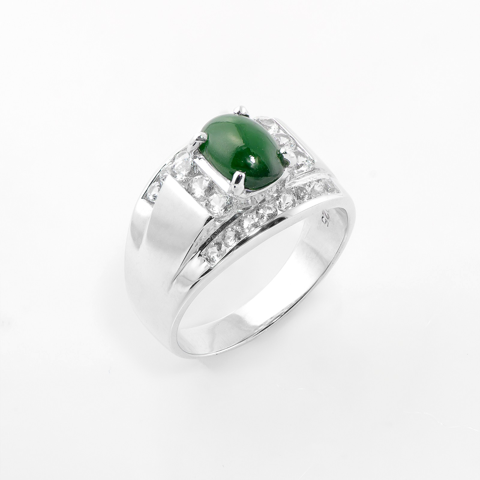 6.4×5.4 mm TypeA Natural Burma imperial green jade white Topaz 925 Silver Ring