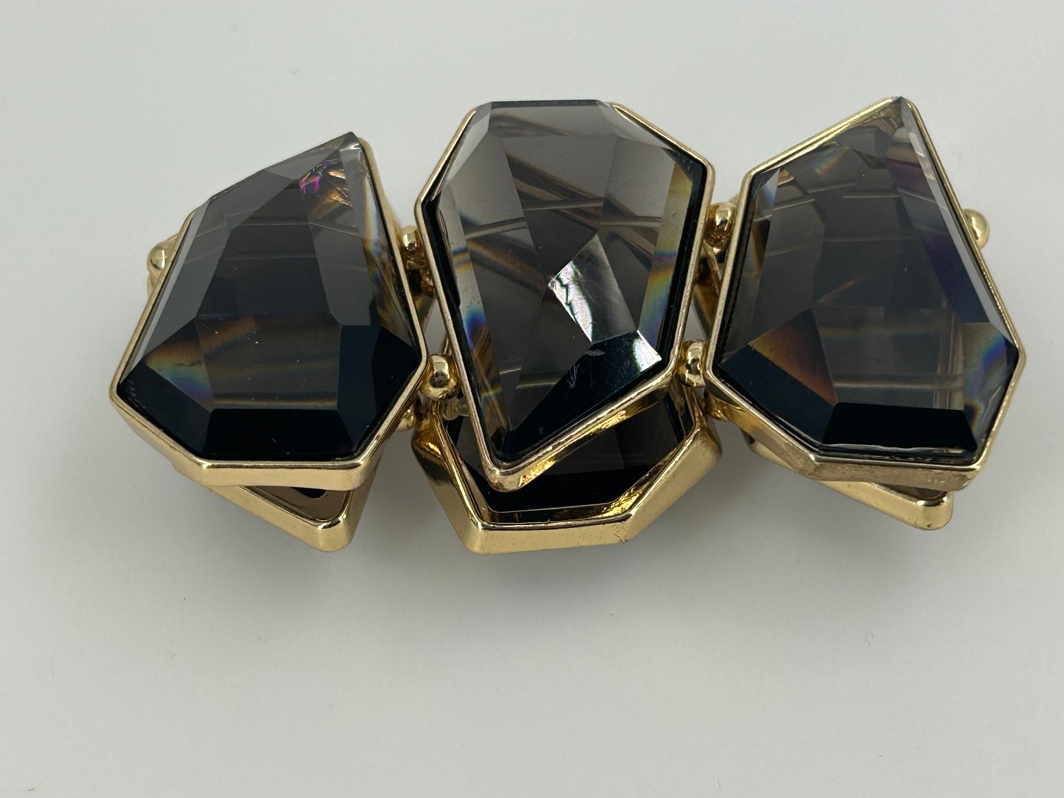 Fashion Geometric Faceted Black Stone Gold Tone Stretch Bracelet 9in