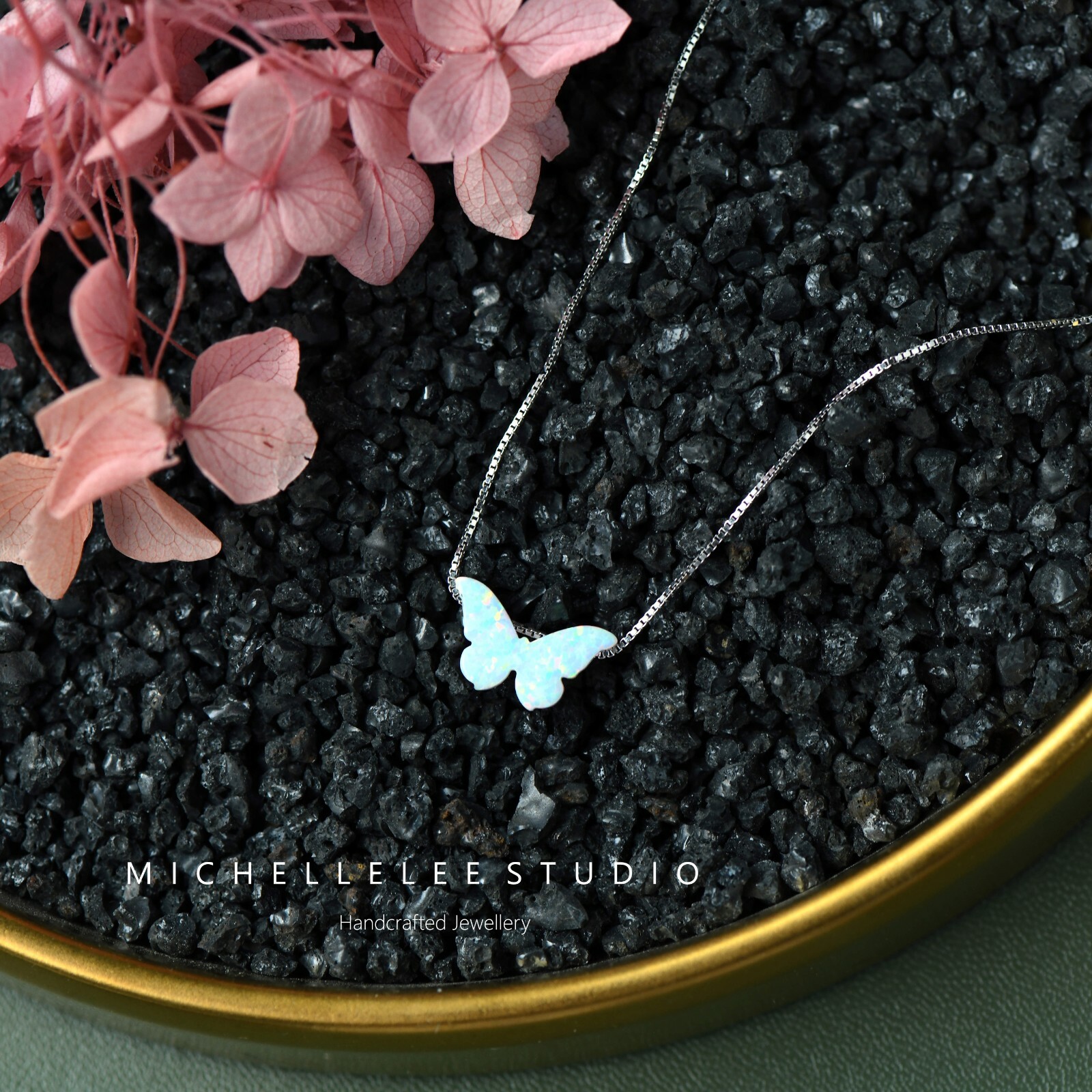 Butterfly Opal Necklace, White Lab Opal Necklace with Sterling Silver Chain