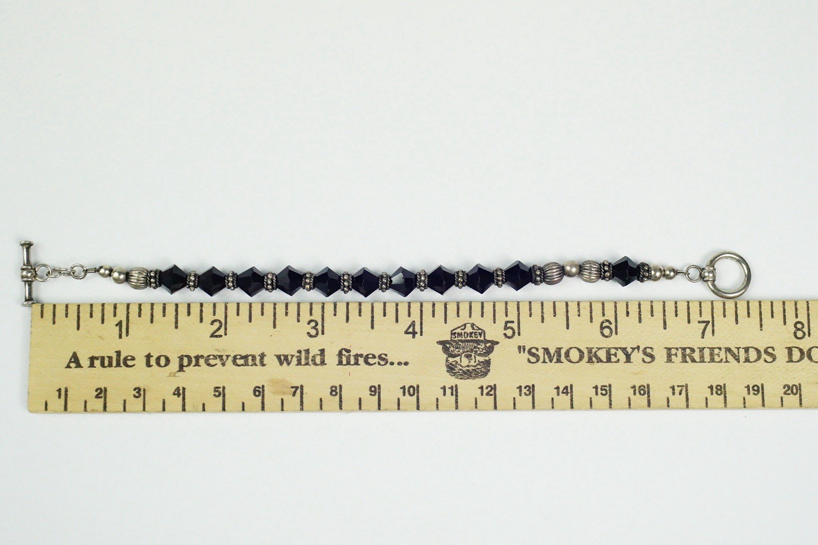 Vintage Sterling Silver Black Crystal Beaded Toggle Clasp Bracelet 7.36”