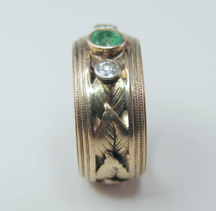Vintage 14k Gold 1 Emerald 2 Diamond Leaf Die-Struck Size 4.5 Ring 6.7g HEAVY!