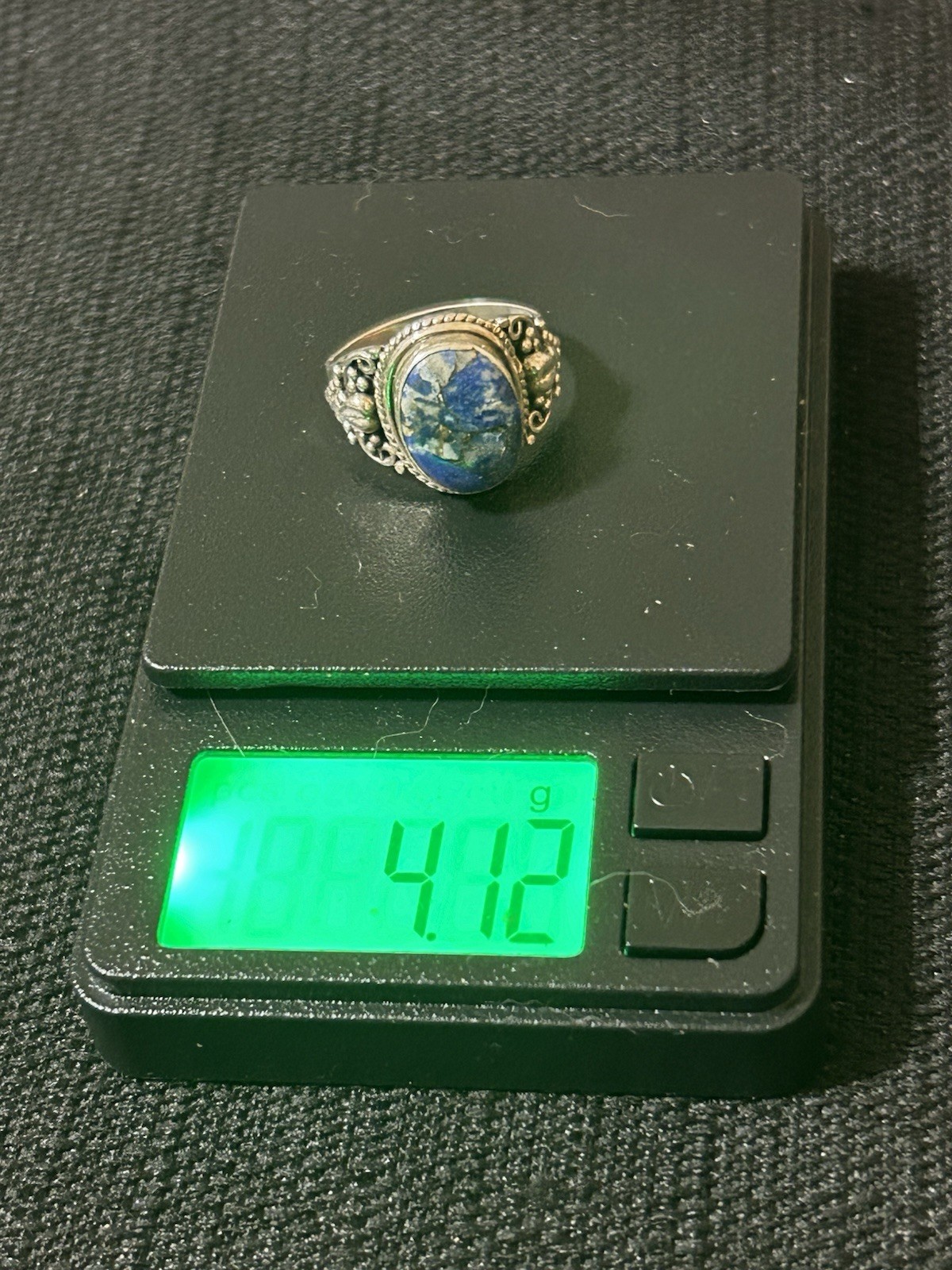 Vintage 925 Sterling Silver Blue / White Swirly Genuine Stone Ring Size 6.75