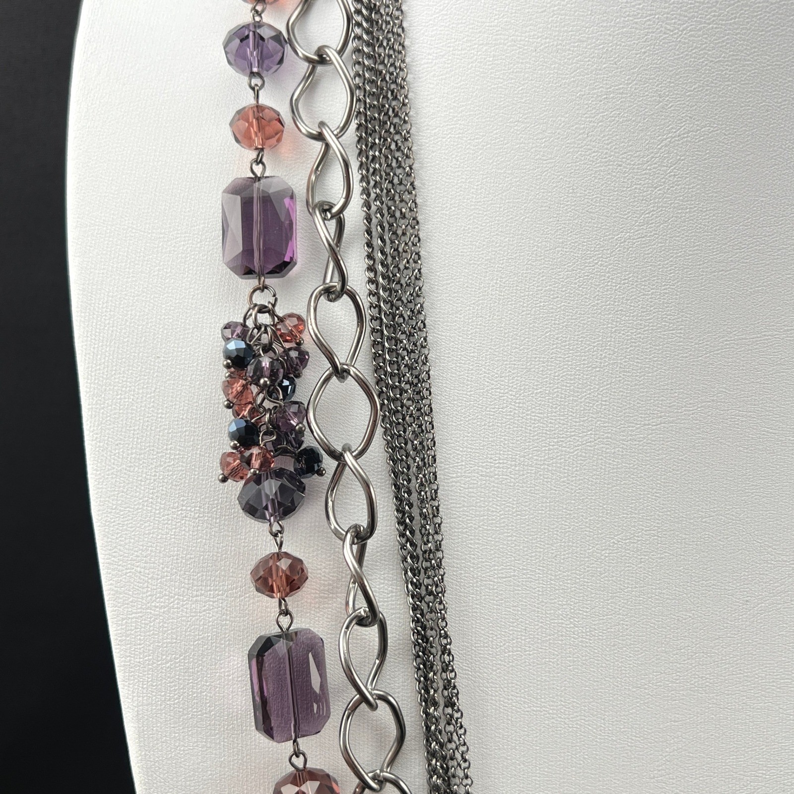 Long Layered Necklace Multi Strand Gunmetal Purple Grey Statement 34″