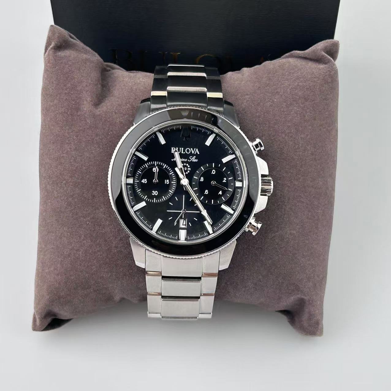 New Bulova Marine Star Black Dial Stainless Steel Men’s Quartz Watch 96B272 45mm