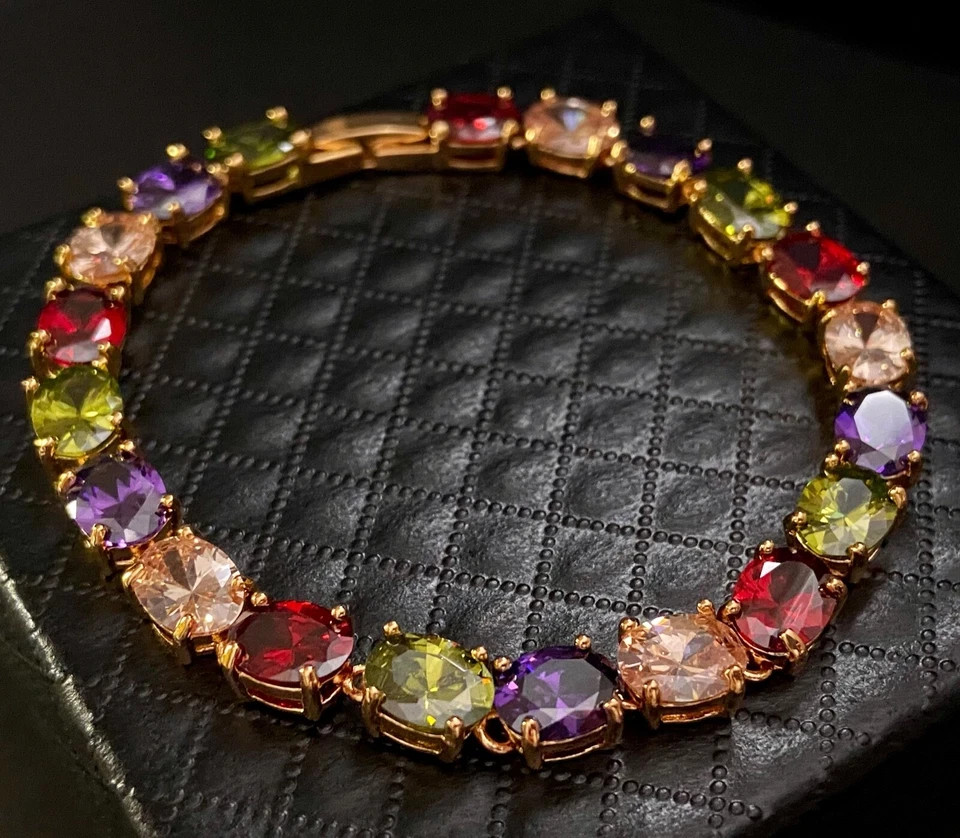 18K Gold Plated 30 CTW Gemstone Tennis Multicolor Bracelet Birthday Jewelry