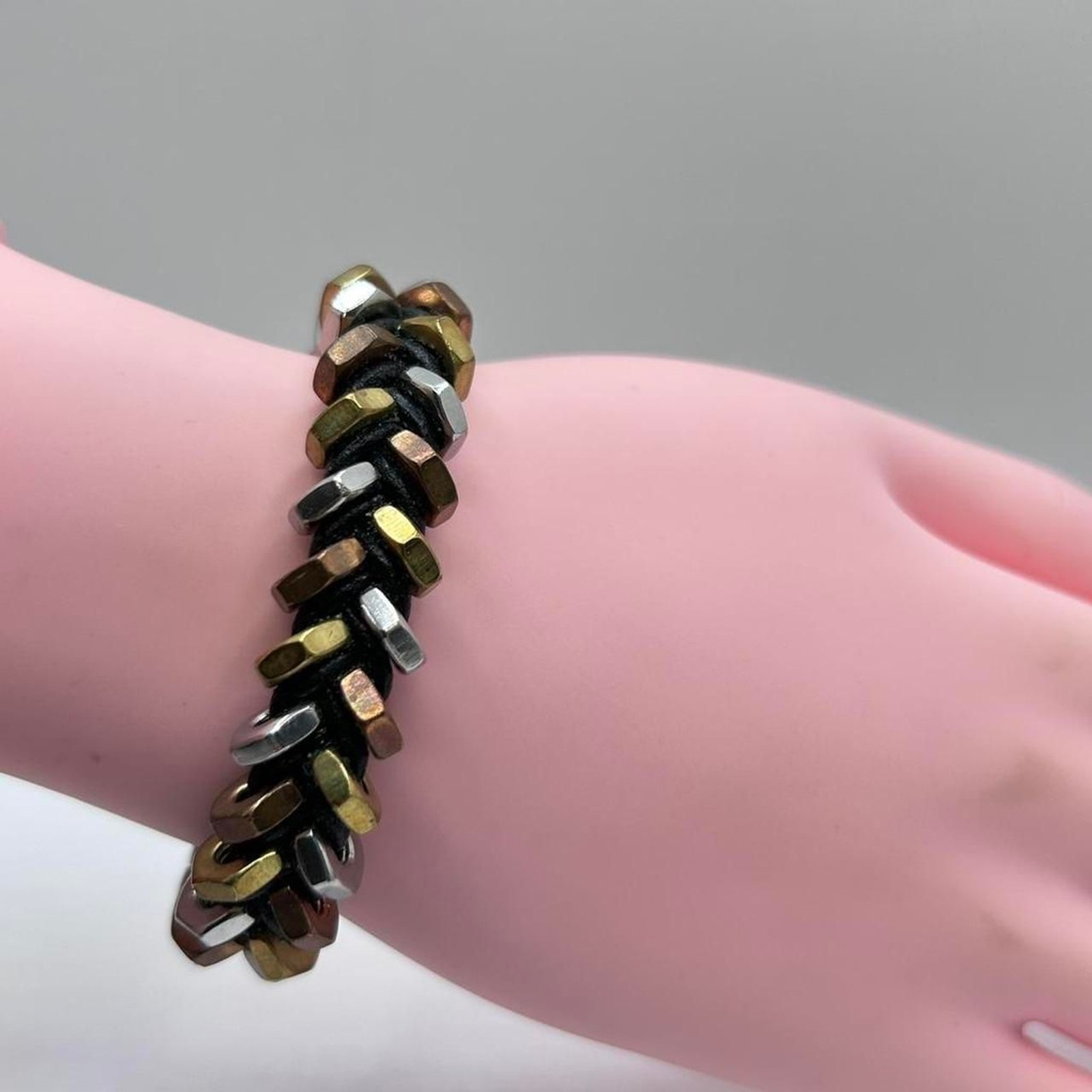Mixed Metal Industrial Nut Bolt Bracelet Silver Gold Copper Tone 6”