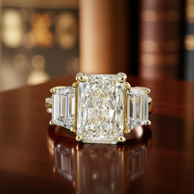 5 Carat Radiant Cut Moissanite Engagement Ring with Trapezoid Side Stones