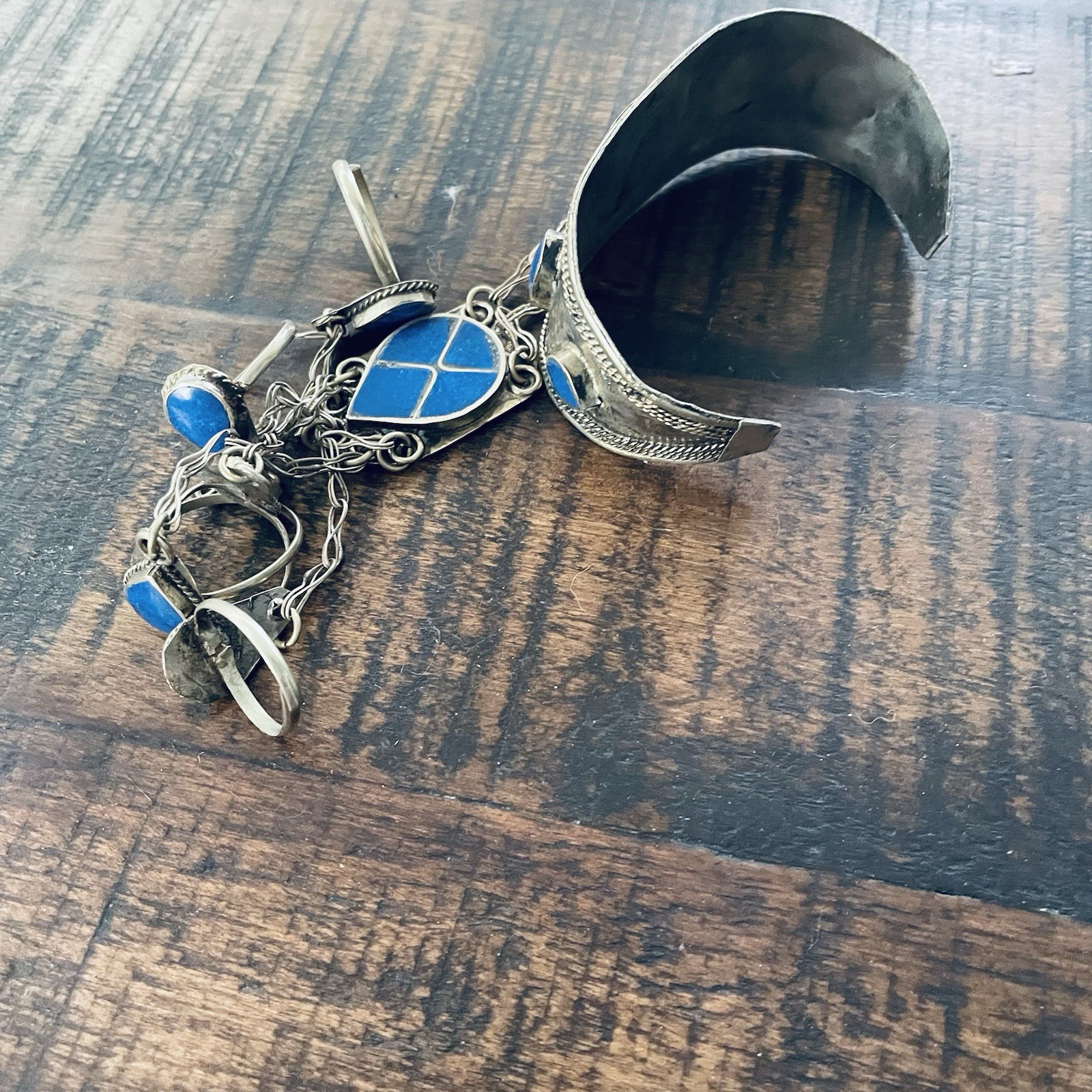 * Vintage Afghan Kuchi Lapis Lazuli Slave Bracelet 5 Finger Ring Panja Cuff 926