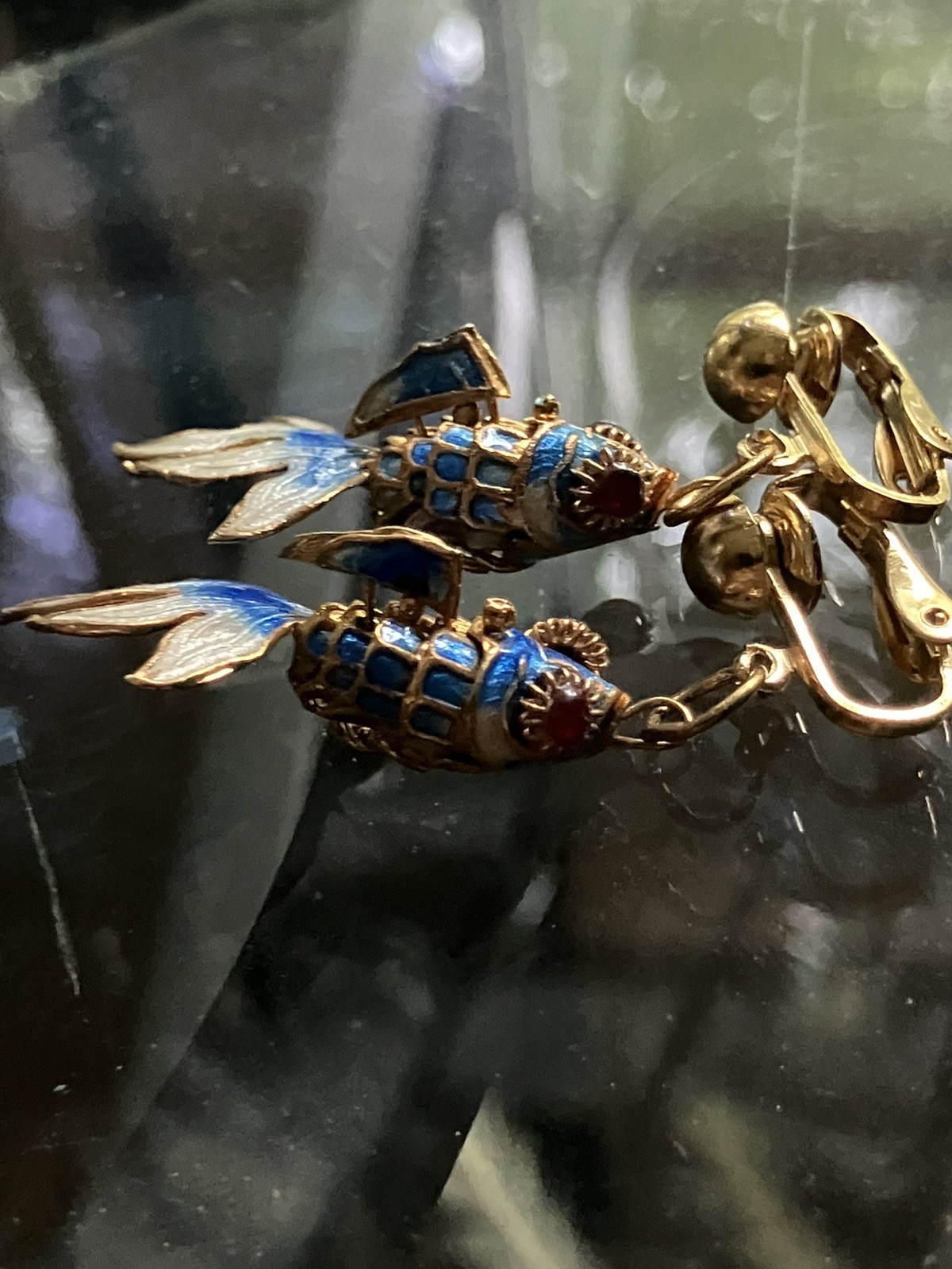 Vintage Articulated Koi Fish Clip On Earrings Blue and Gold Cloisonné Enamel