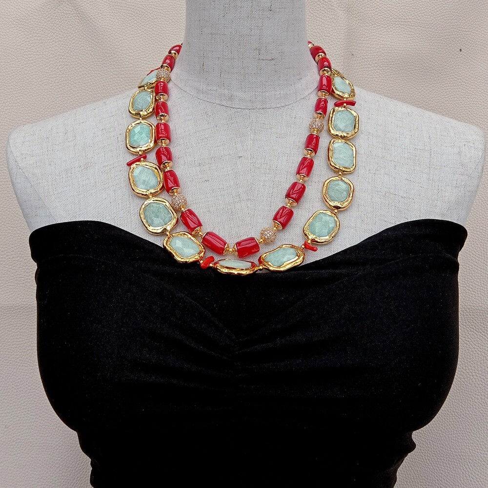 21″ 2 Strands Red Coral Green Amazonite Necklace Cubic Zirconia Pave Clasp