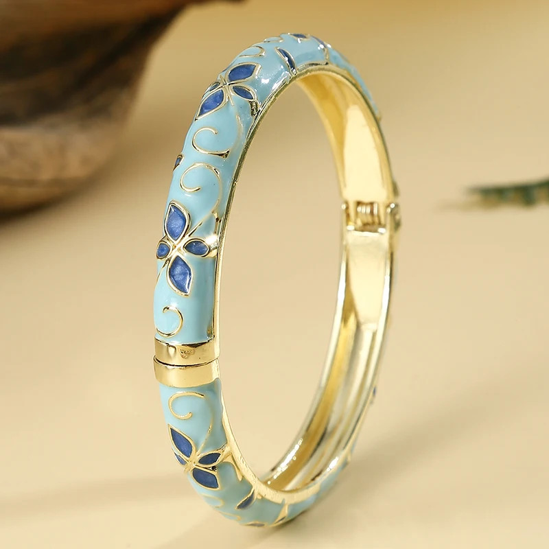 Flower Pattern Enamel Cloisonne Bracelet for Women Retro Gold Color Plated Bangl