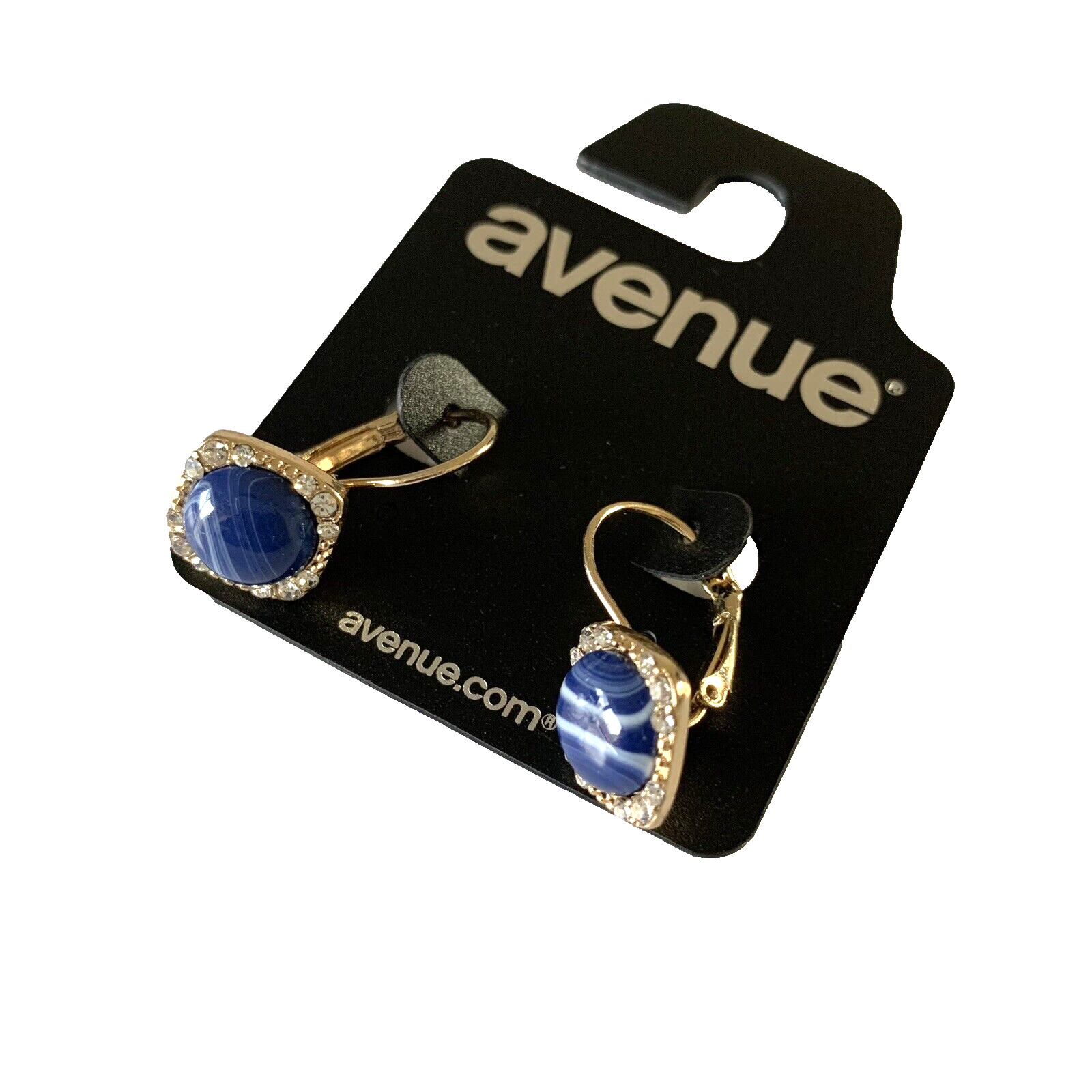 avenue Earrings Gold Tone Blue and Clear Stones Leverback