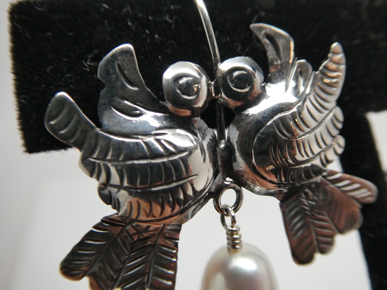 Love Bird Taxco Mexico Sterling Silver 925 & Pearl Frida Kahlo Style Earrings