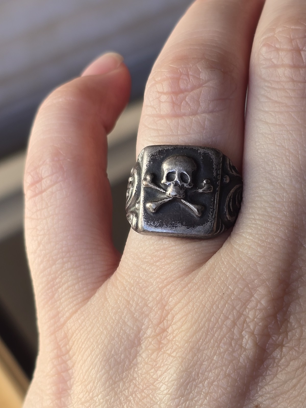 Antique Rare Memento Mori Silver Ring Skull & Bones