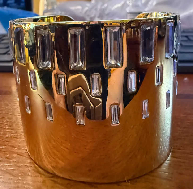 Stunning 2″ Wide VINCE CAMUTO Goldtone Clear Rhinestone Cuff Bracelet Open-Close