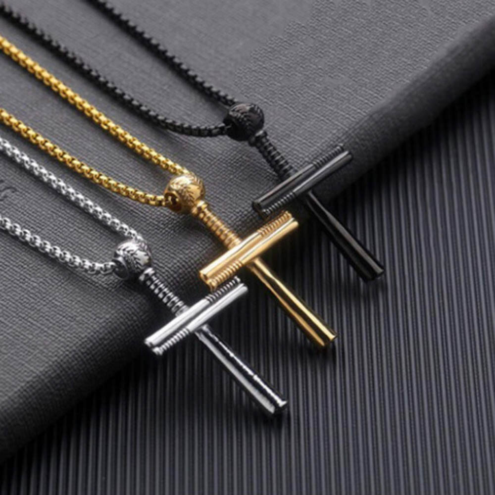 Baseball Bat Sports Cross Pendant Necklace Stainless Steel Black Silver Gold 24″
