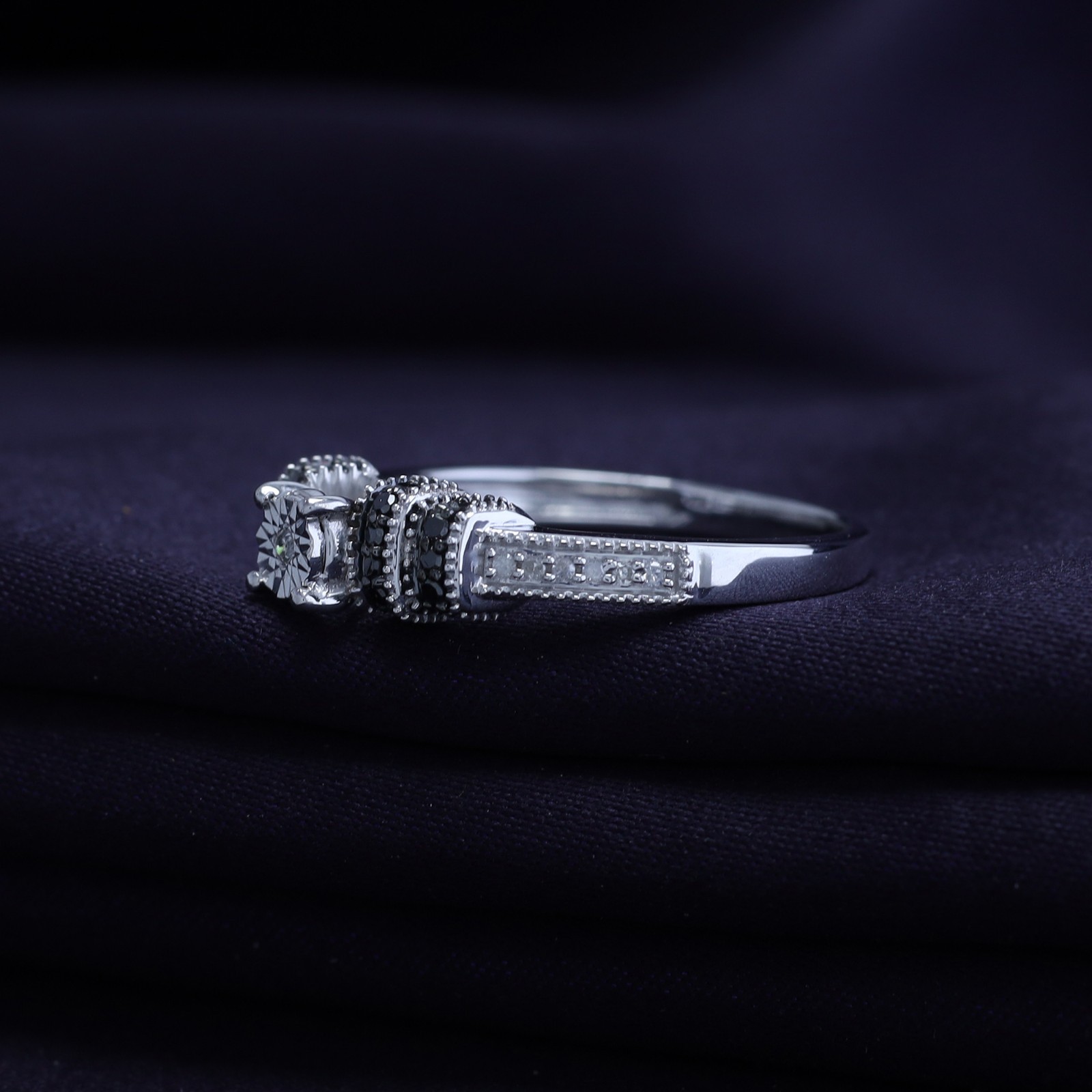 1/8 Ct Black & White Natural Diamond Promise Ring Sterling Silver 925
