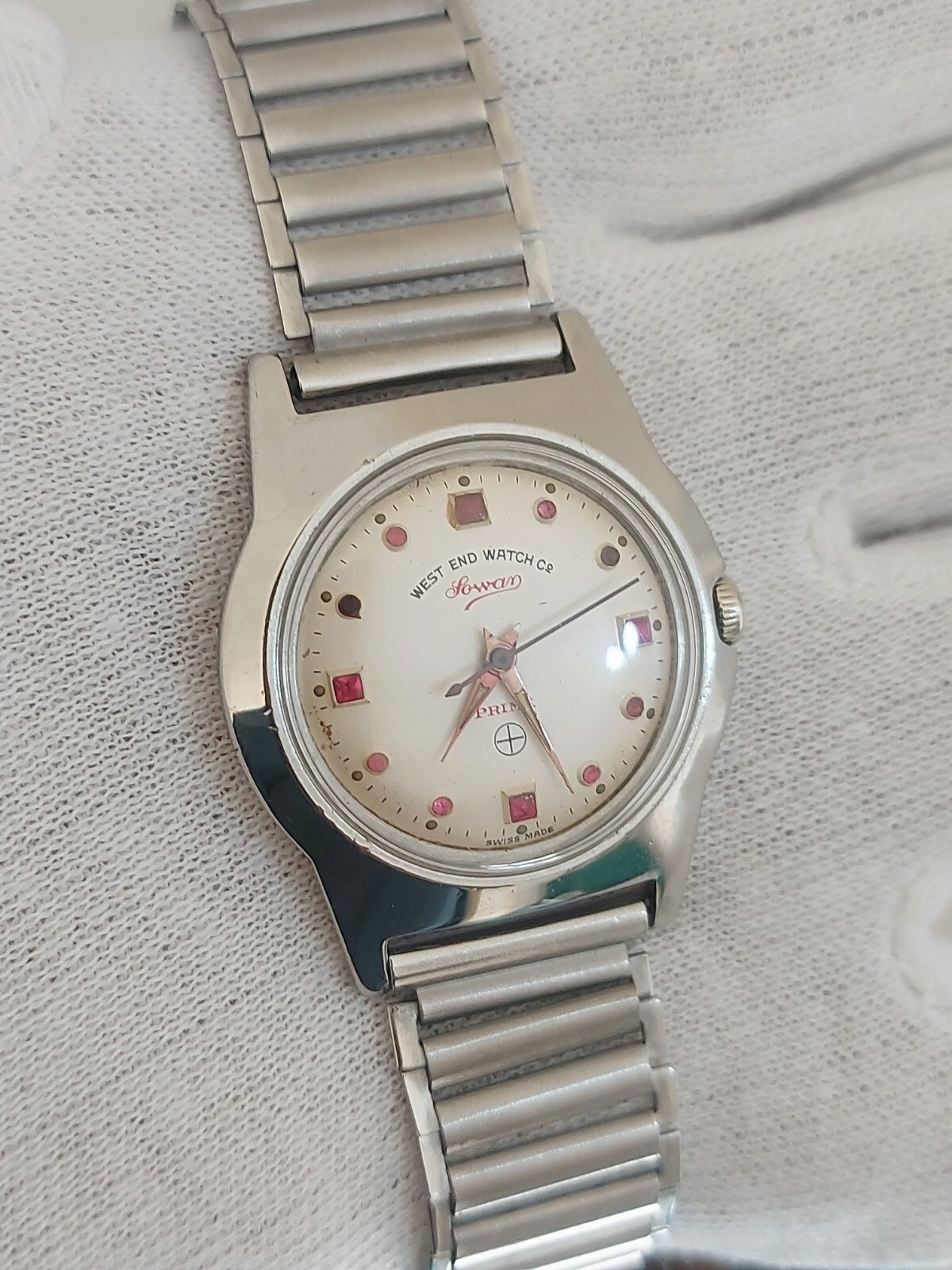 West end Sowar Prima Watch Hand Wind White Red Ruby Fitted Dial 34 mm Men Swiss