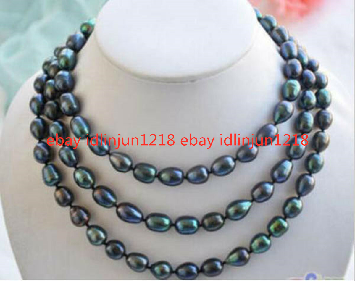 Natural 7-8/8-9/9-10/10-11mm Black Tahiti Rice Pearl Necklace 18inches