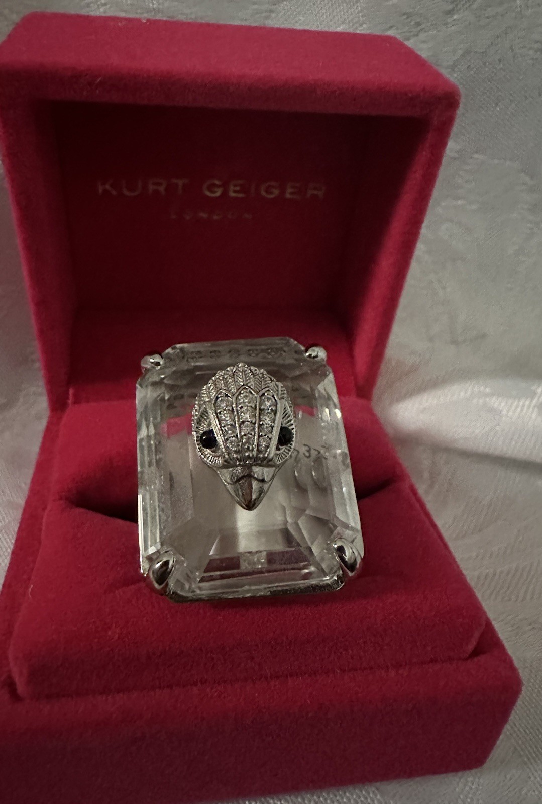 KURT GEIGER LONDON CRYSTAL COCKTAIL SQUARE RING L SZ 8 RED VELVET BX NEW