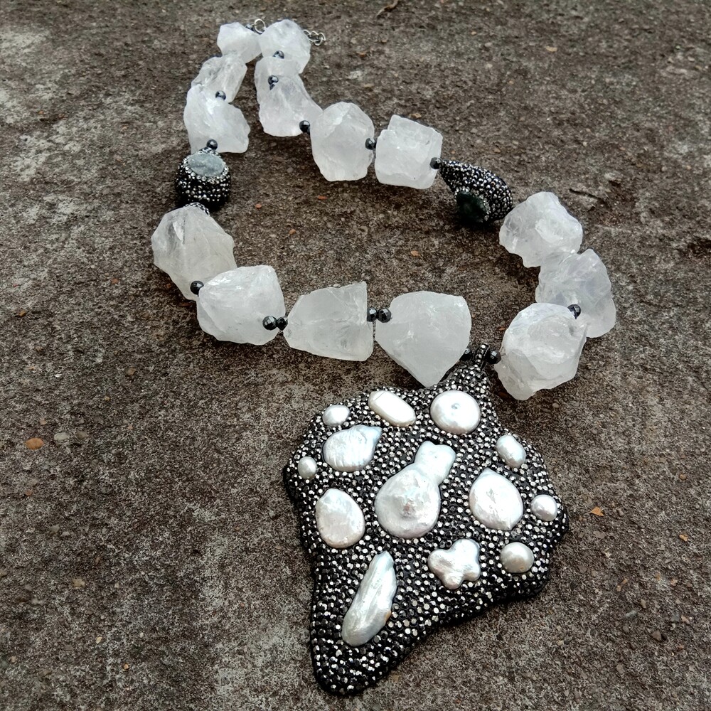 White Quartz Rough Necklace big pendant white pearl black crystal pave Pendant
