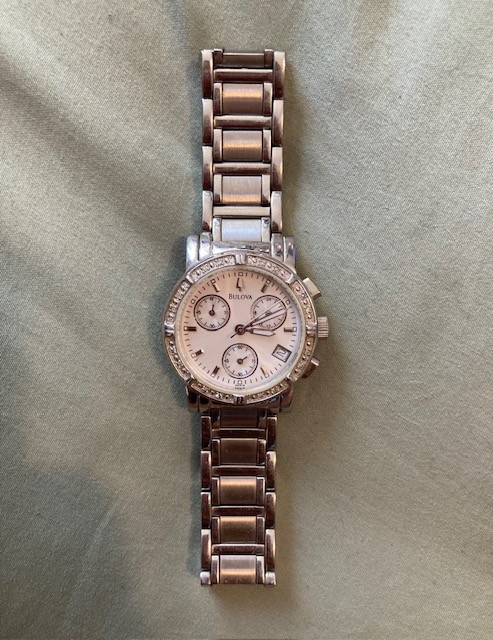 Bulova 96R19 Women’s Chronograph Diamond Bezel Stainless Steel White Dial Watch