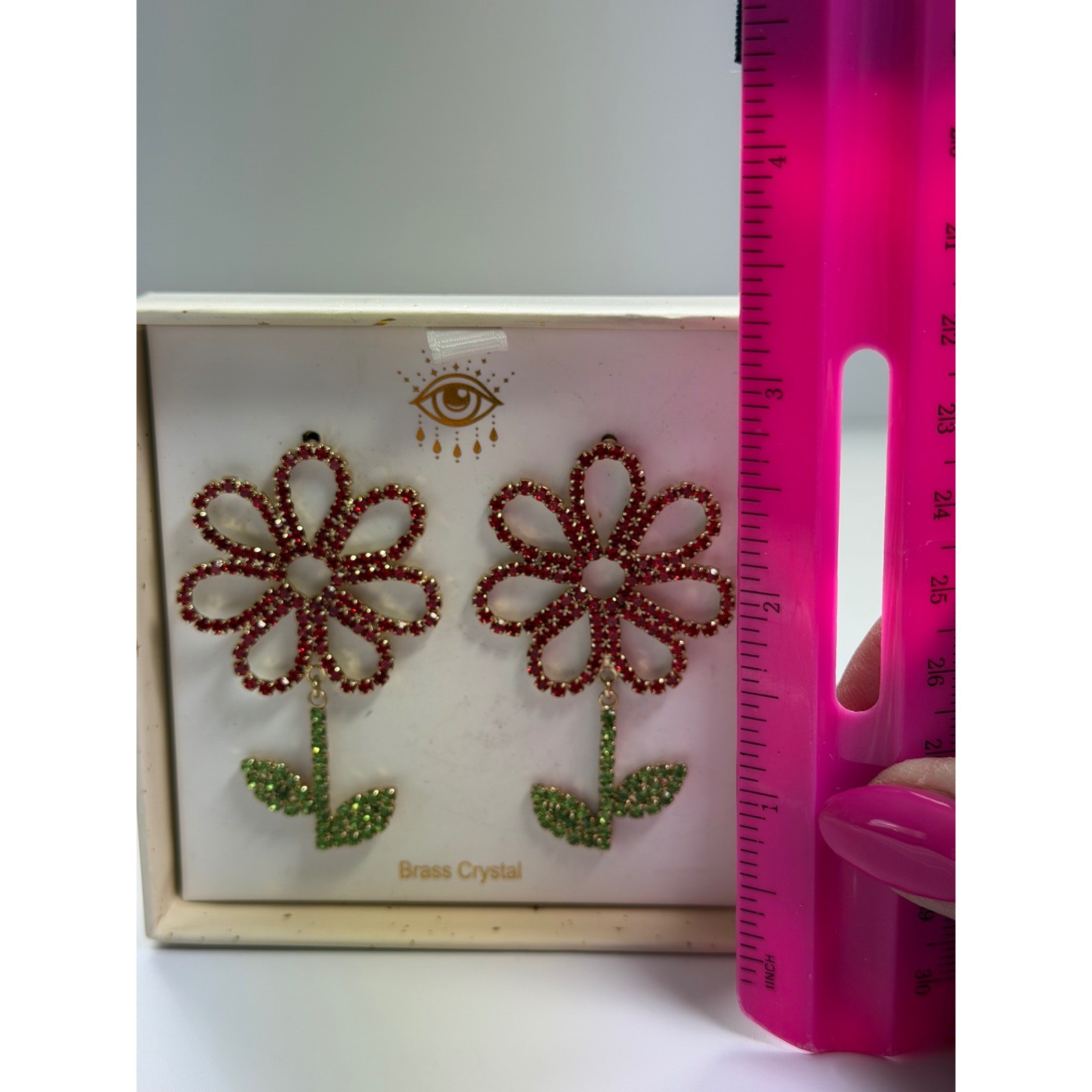 Red Green Crystal Flower Drop Earrings Brass Daisy Floral Statement Jewelry