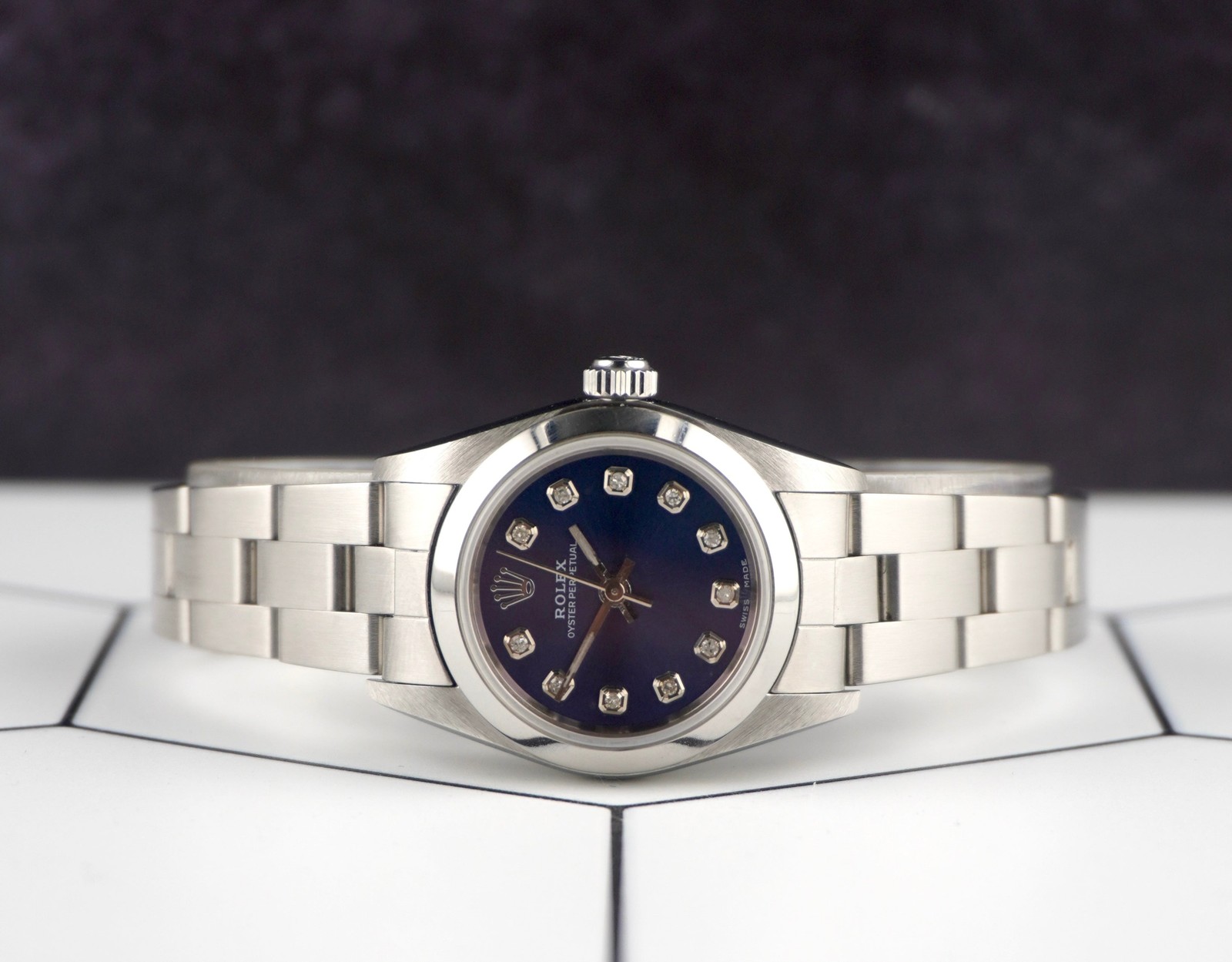 Rolex Oyster Perpetual 25mm Steel Dark Blue Diamond Smooth Oyster Watch 67180