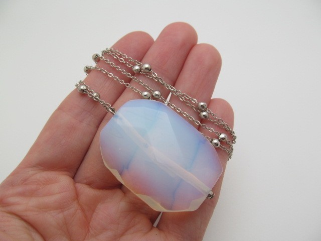 Vintage Iridescent Clear Glass Stone Oval & Ball Long Chain Link Necklace 37 In
