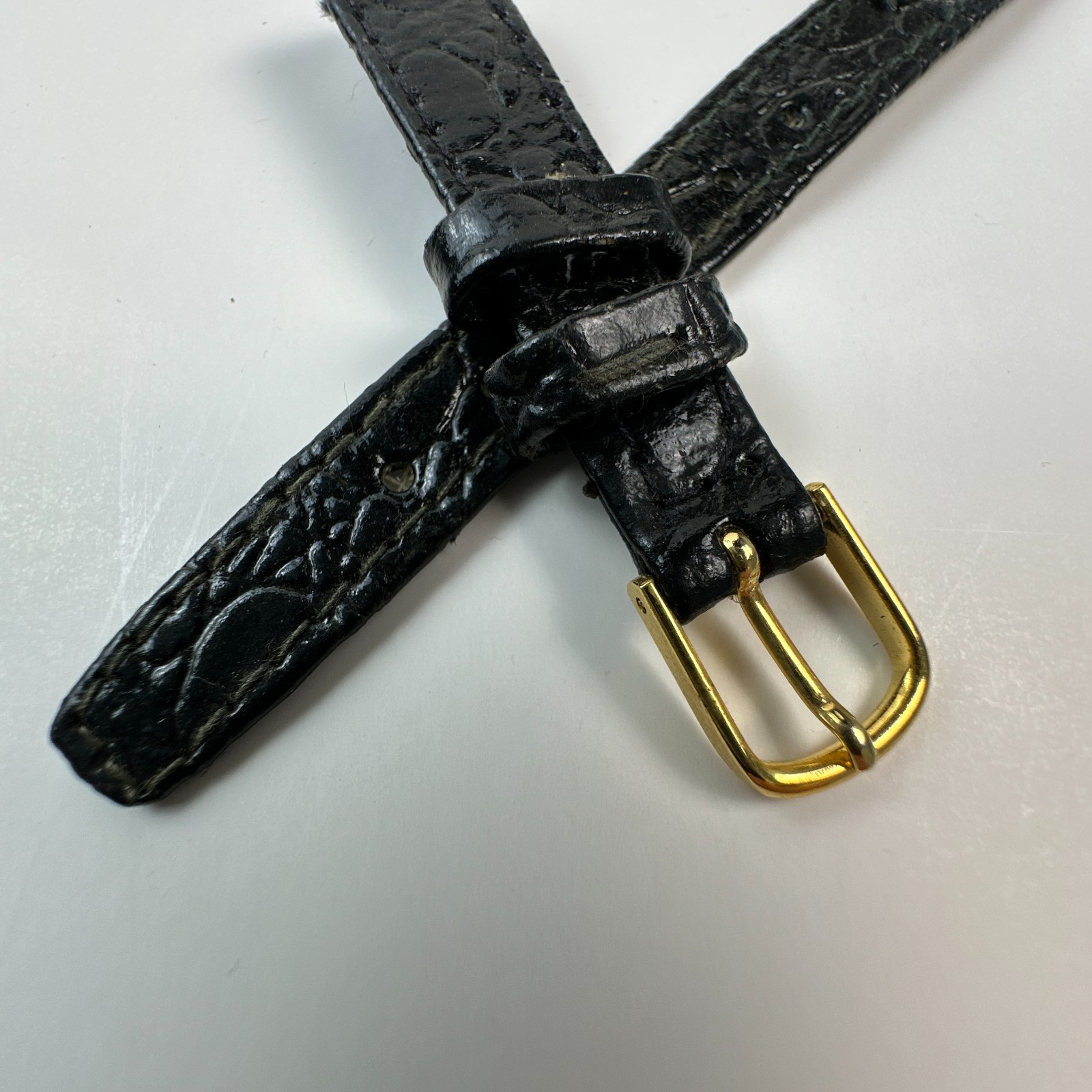 Womens Watch Bands Black 13mm Leather Crocodile Grain Two Piece Strap Gold Tone