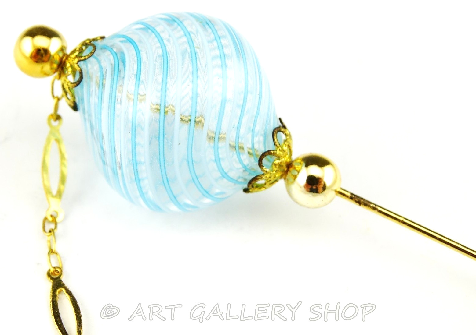 Vintage Murano Italy Hand Blown BLUE SWIRL Art Glass & GOLD TONE PIN BROOCH