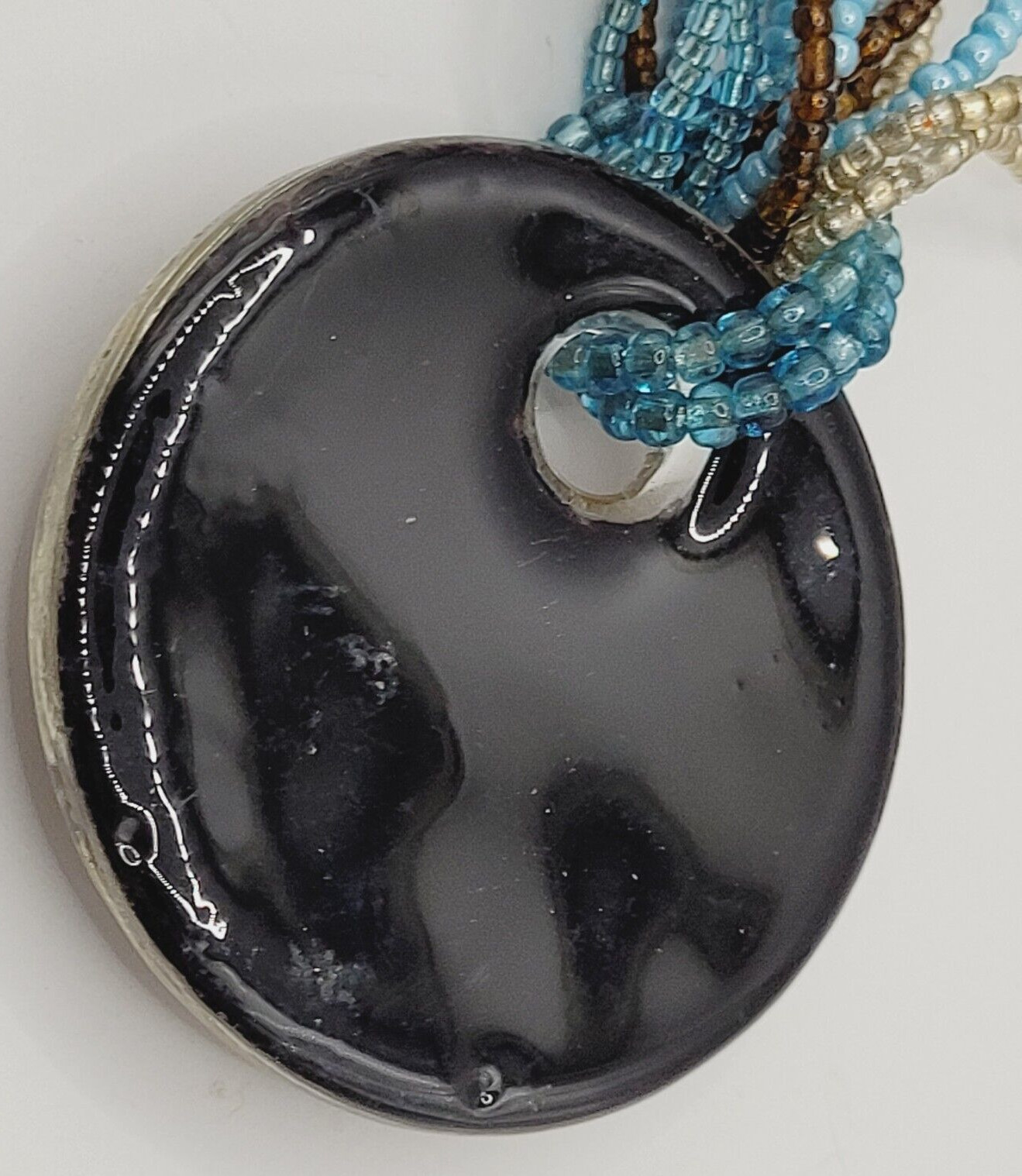 8 Strand Seed Beed Necklace with Metallic Foiled Large Round Art Glass Pendant