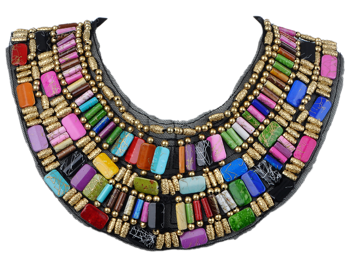 Black Tribal Large U Shaped Draped Multicolour Rainbow Beads Statement Necklace