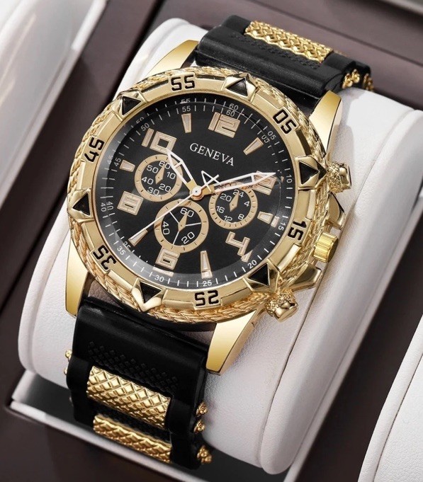 Geneva Men’s Quartz Analog Chronograph Watch Black Silicone Band Black/Gold Dial