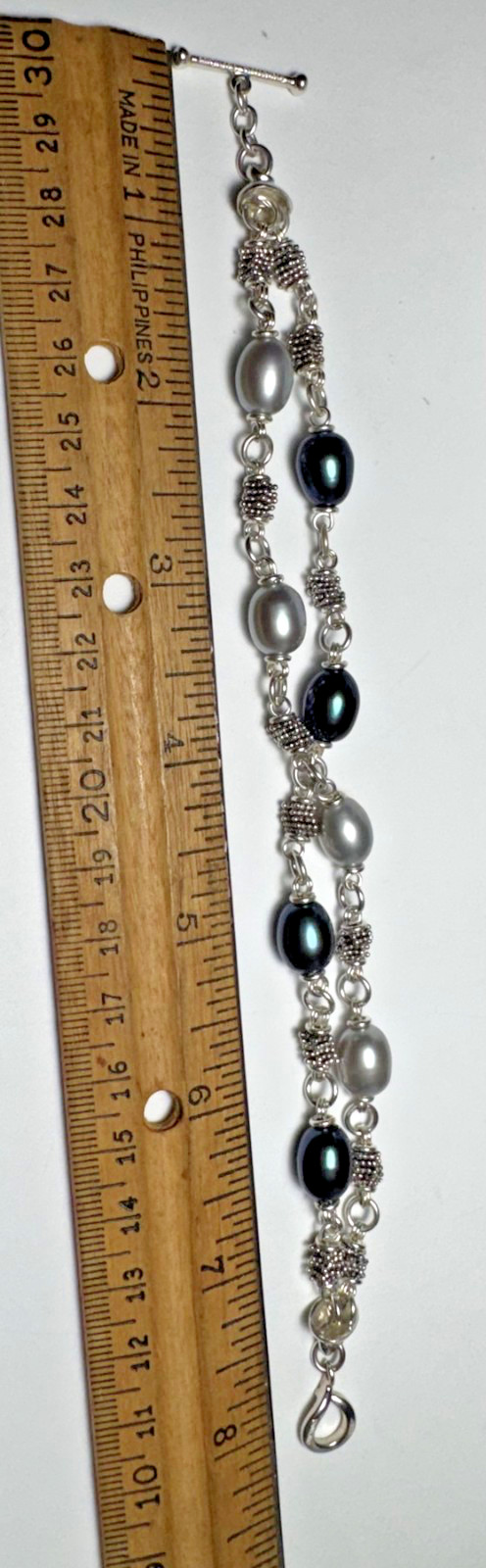 Michael Dawkins Sterling Silver 925 Gray Black Pearl Double-Strand Bracelet 7.5