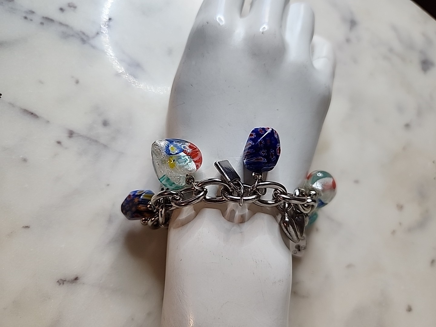 Vintage Murano Glass & Millefiori 8 Heart Charm Bracelet 7-9″ Adjustable