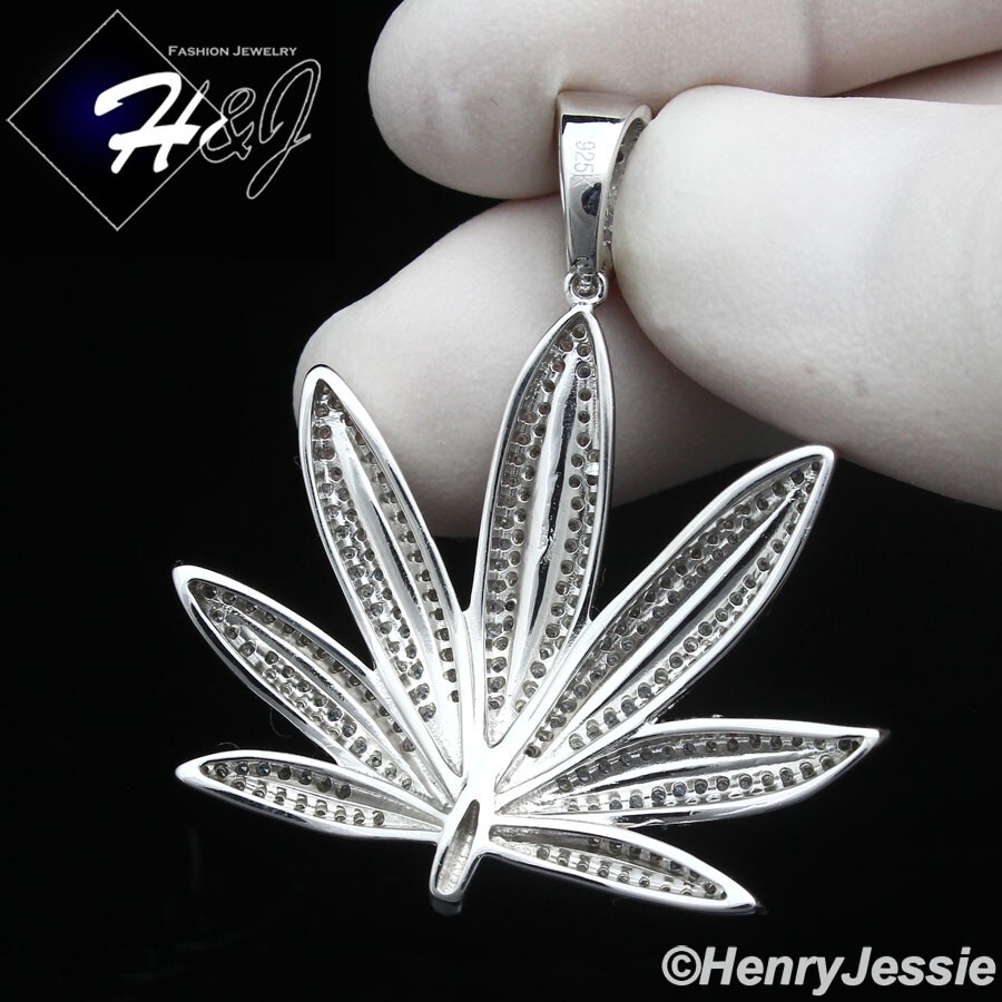 MEN SOLID 925 STERLING SILVER ICY BLING CZ SILVER 3D MARIJUANA LEAF PENDANT*P434