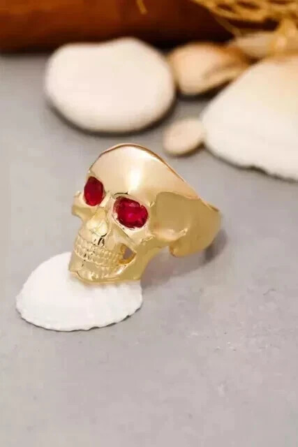 2 Ct Round Simulated Ruby Halloween Skull Band Ring 925 Yellow Sterling Silver
