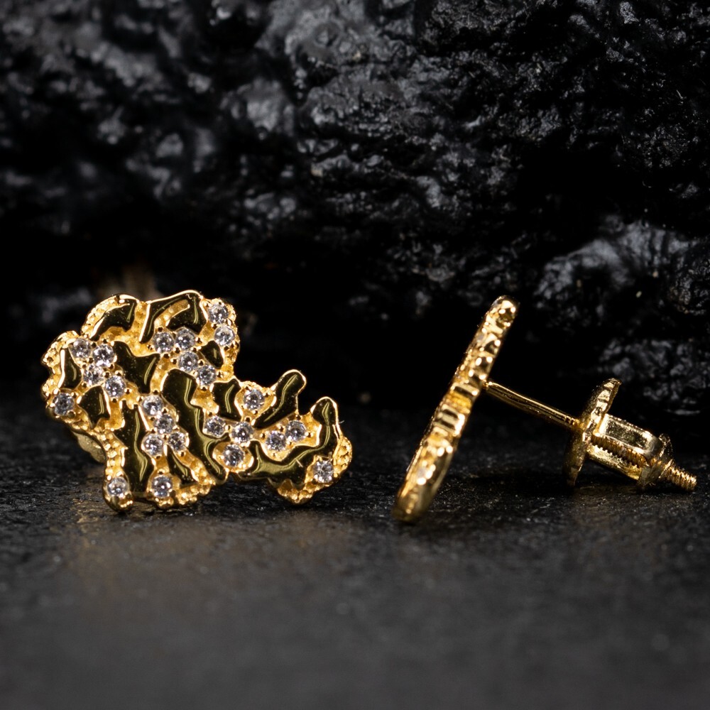Hip Hop Yellow Gold Plated 925 Sterling Silver Nugget Men’s Screw Back Earrings