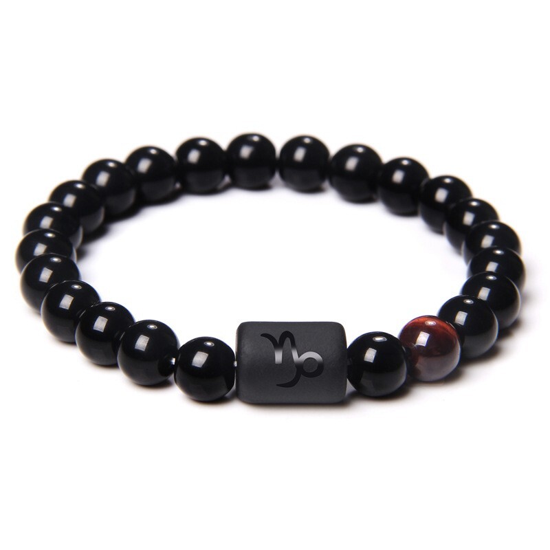 Zodiac Sign Natural Black Stone Beaded Elastic Stylish Bracelet Astrological