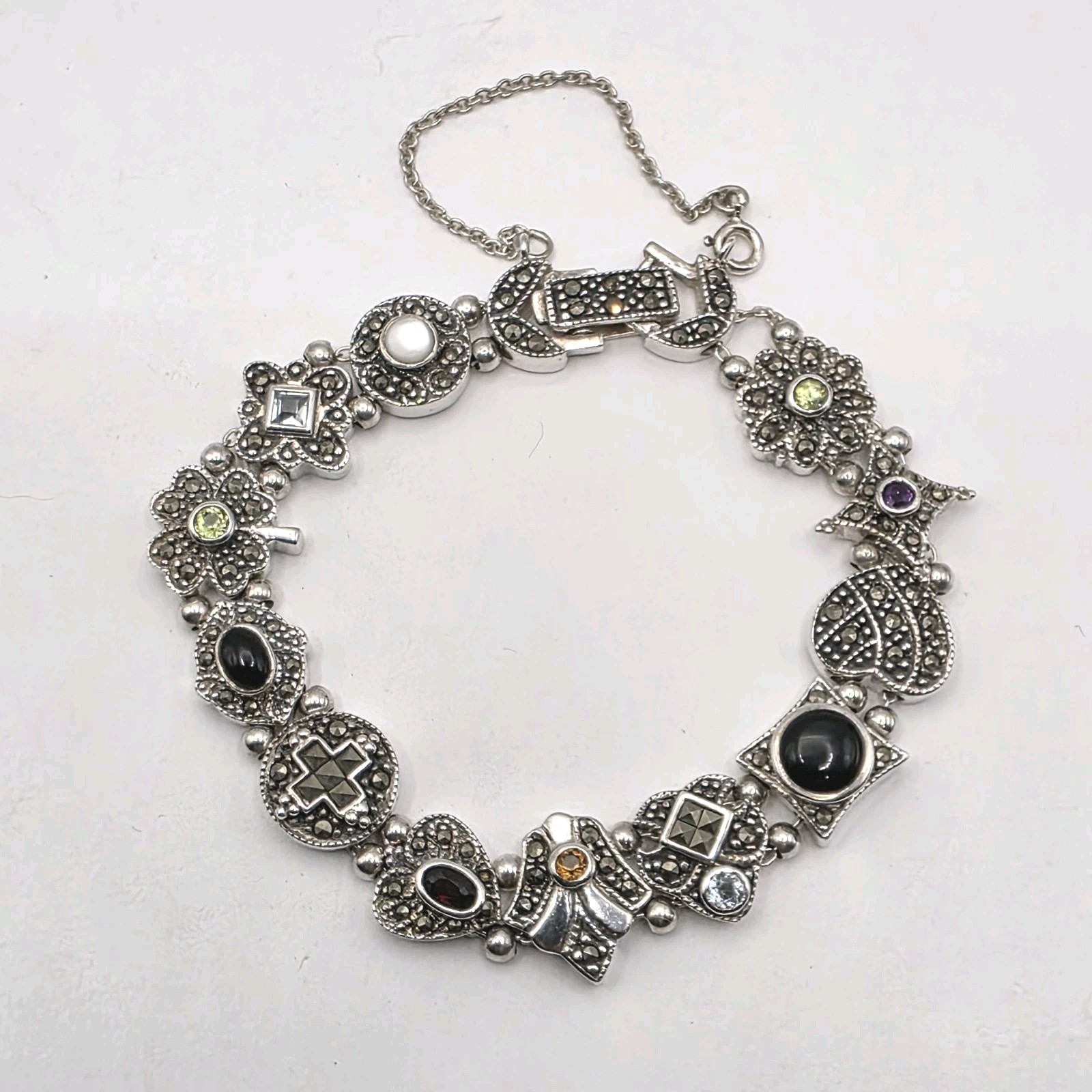Sterling Silver Blue Topaz Amethyst Peridot Marcasite 6.5 Inch Bracelet 24.78g
