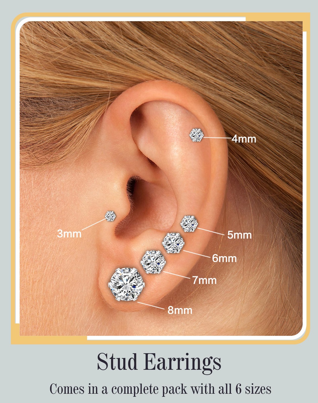 6 Pairs Stud Earrings Set, 3mm, 4mm, 5mm, 6mm, 7mm, 8mm, Gold – 6